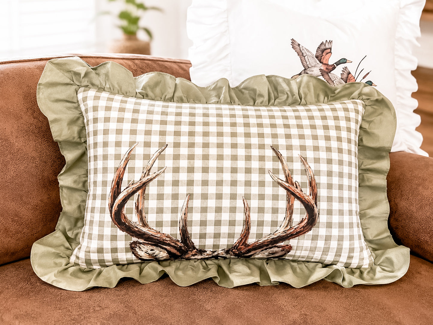 Gingham Olive Green Buck Anters Accent w/ Ruffle Trim