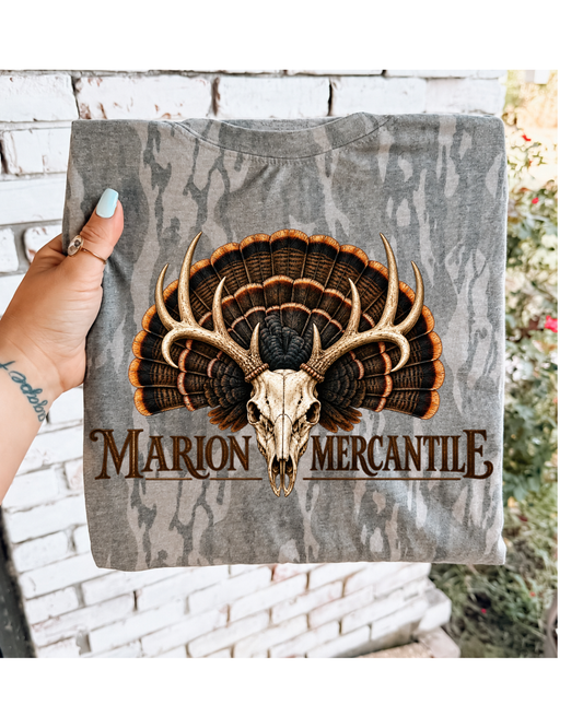 Marion Mercantile Turkey Fan & Antler Skull Camo Tee
