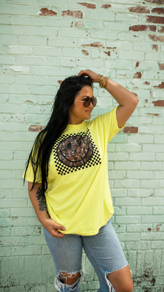 Happy go lucky camo checkered tee