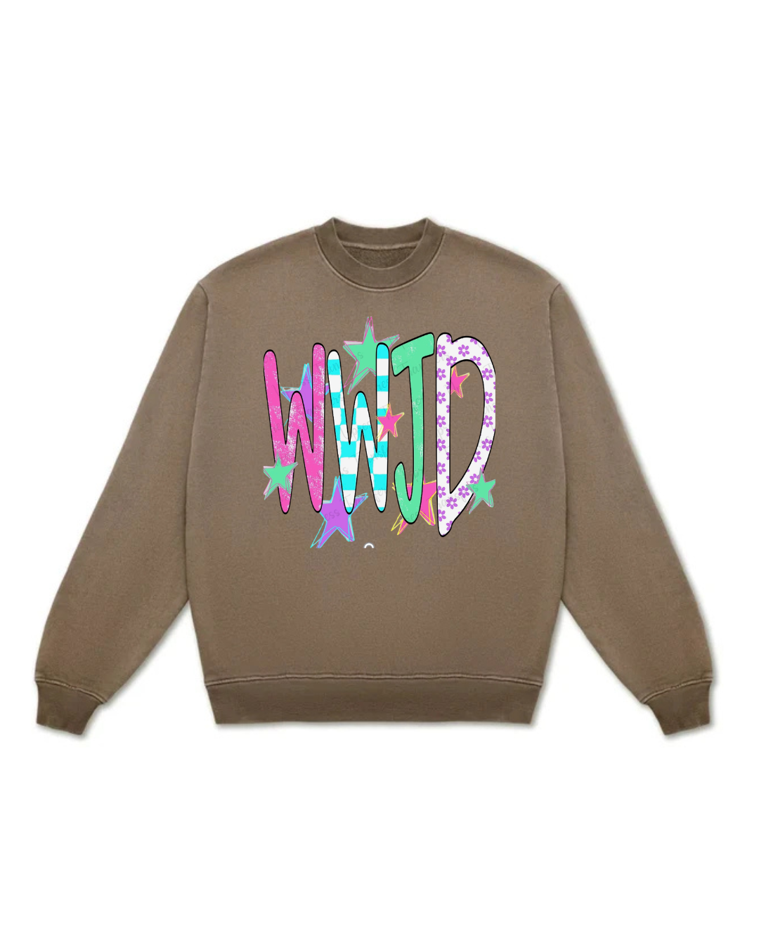 Neon WWJD on chocolate heavy weight cotton crewneck