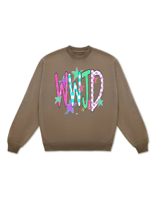 Neon WWJD on Chocolate Heavyweight Cotton Crewneck