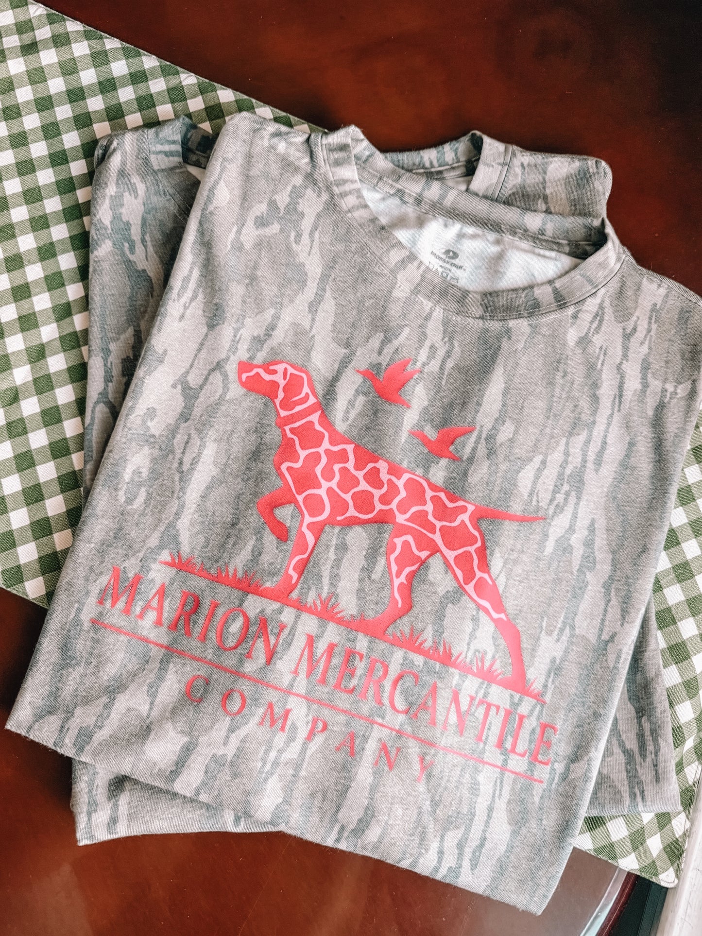 Pink hunting dog bottomland camo tee