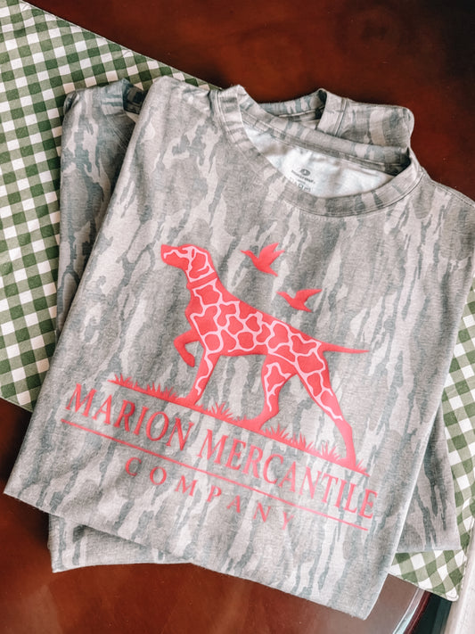 Pink hunting dog bottomland camo tee