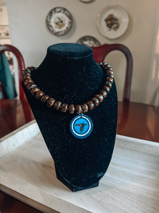 Flying Mallard Blue Willow Pendant Necklace