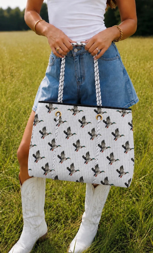 The Mallard White Neoprene Tote with Matching Mini Pouch